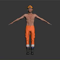 Shirtless Worker In Yellow Hard Hat And Orange Work Pants With Black Boots Arms Outstretched