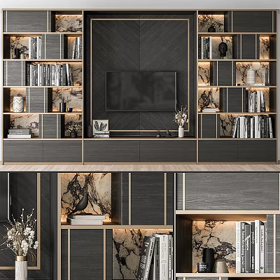 Elegant Modern TV Cabinet Interior Design With Dark Wood Bookshelves Decorative Items And Built-in TV 3d model