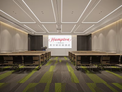 Hampton Conference Room With Modern Decor Neatly Arranged Tables And Green Gray Carpet 3d model