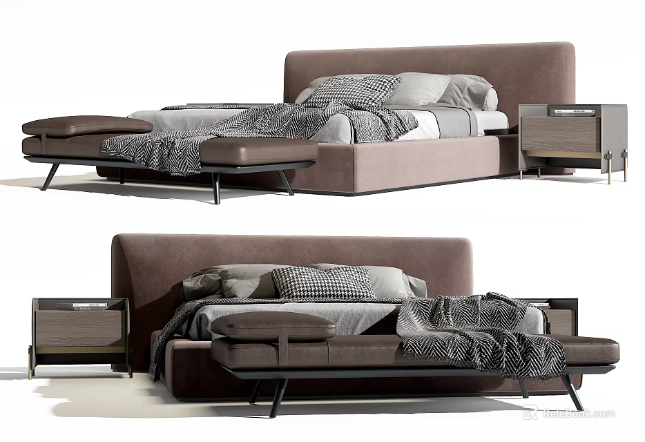 Contemporary Double Bed With Upholstered Headboard Linen Sheets Pillows Nightstand And Bed Bench 3d model 