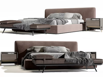 Contemporary Double Bed With Upholstered Headboard Linen Sheets Pillows Nightstand And Bed Bench 3d model