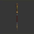 Two Ornate Dragon Head Staff Weapons With Gold Red Metal Decorative Design
