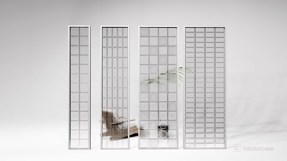 Interior White Wall with Glass Grid Partitions Brown Chair and Green Plant in Background 3d model 