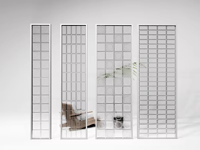 Interior White Wall with Glass Grid Partitions Brown Chair and Green Plant in Background 3d model