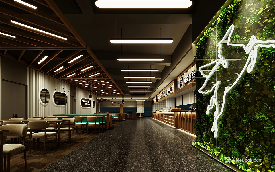 Modern Restaurant Interior With Green Plant Wall Neon Sign Wooden Decor And Tables 3d model 