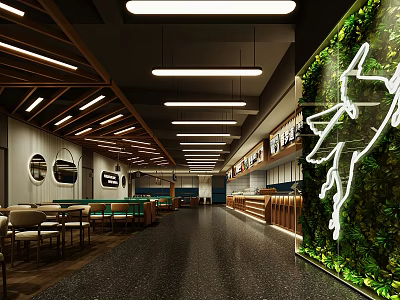 Modern Restaurant Interior With Green Plant Wall Neon Sign Wooden Decor And Tables 3d model