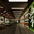 Modern Restaurant Interior With Green Plant Wall Neon Sign Wooden Decor And Tables