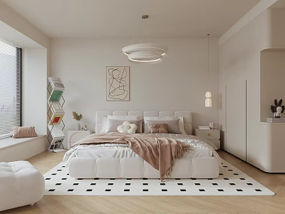 Modern Children's Bedroom Interior With White Bed Colorful Bookshelf Window Seat And Geometric Rug 3d model