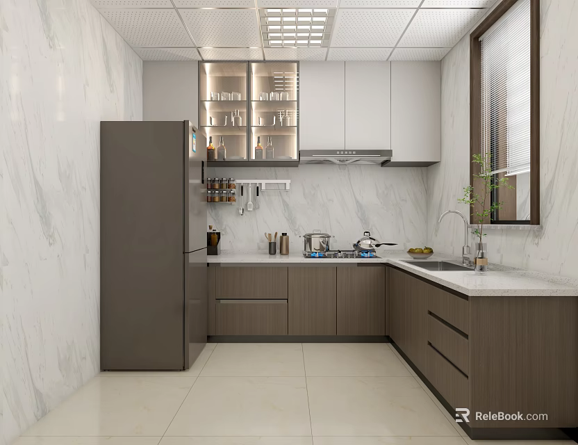 Modern Commercial Kitchen With Gray Cabinets Stainless Refrigerator And Marble Countertops 3d model 