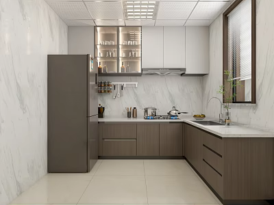 Modern Commercial Kitchen With Gray Cabinets Stainless Refrigerator And Marble Countertops 3d model