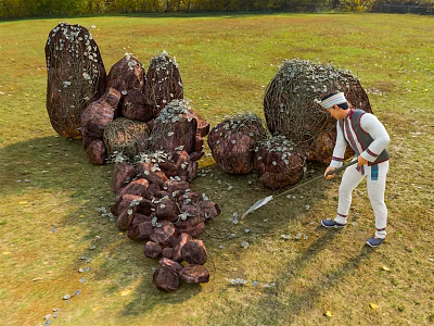 Man Splitting Firewood Near Large Wood Piles On Green Grassland 3d model