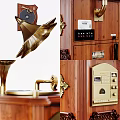 Vintage Gramophones With Golden Horns Wooden Bases And Intricate Decorative Patterns
