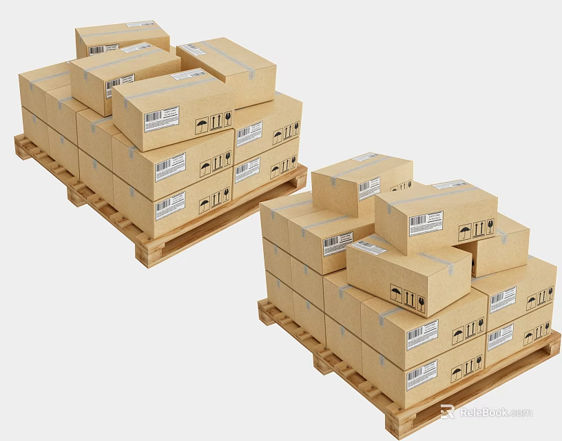 Multiple Cardboard Boxes Stacked On Wooden Pallets With Shipping Labels 3d model