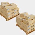 Multiple Cardboard Boxes Stacked On Wooden Pallets With Shipping Labels 3d model
