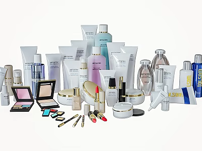 Assorted Perfumes and Cosmetics Collection With Lipsticks Eyeshadow Palettes Brushes and Jars 3d model