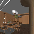 Modern Open Concept Restaurant Interior With Wooden Walls Hanging Lights Green Plants And Bar Counter