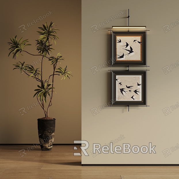 Middle Ancient Style Hanging Painting Floor-standing Potted Plant Green Plant model