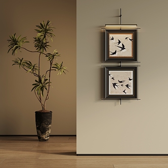 Middle Ancient Style Hanging Painting Floor-standing Potted Plant Green Plant 3d model