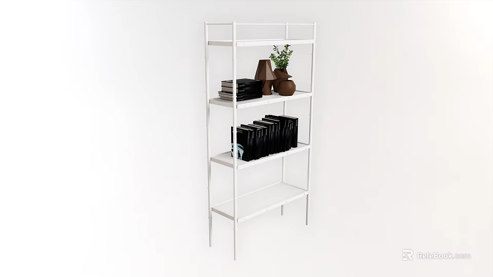 White Multi Tiered Bookshelf With Books Brown Vases Green Plant And Black Folders 3d model 