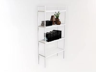 White Multi Tiered Bookshelf With Books Brown Vases Green Plant And Black Folders 3d model