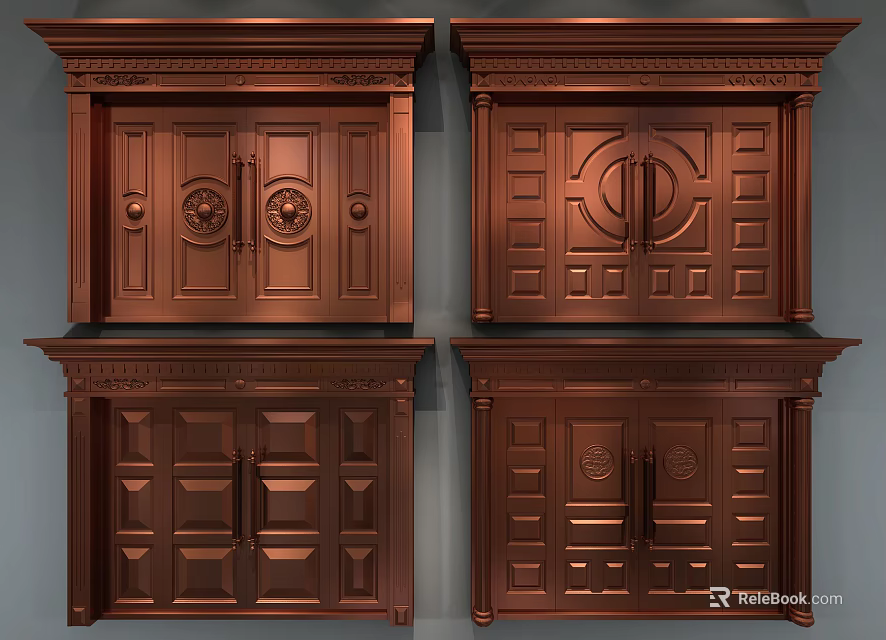 Classical Brass Entrance Doors With Ornate Carvings Geometric Patterns And Decorative Frames 3d model 