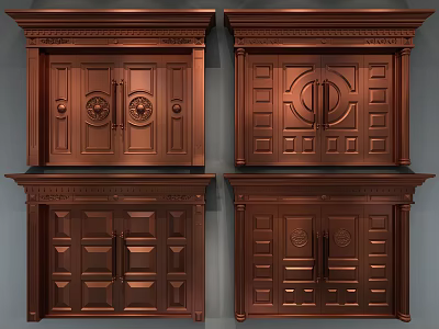 Classical Brass Entrance Doors With Ornate Carvings Geometric Patterns And Decorative Frames 3d model