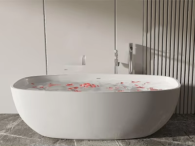 Elegant White Freestanding Bathtub With Red Flower Petals In Modern Bathroom With Vertical Striped Walls 3d model