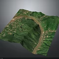 3D Rendered Terrain Model With Winding River And Lush Green Mountains