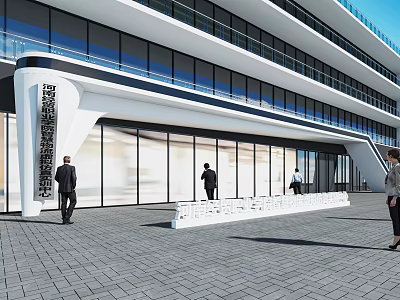 Contemporary Commercial Entrance Facade With Glass Curtain Wall White Columns And Brick Paved Ground 3d model