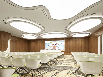 Spacious Conference Room With White Chairs Wooden Walls Circular Ceiling Lights And Large Screen 3d model