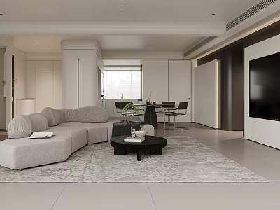 Modern Living Dining Room Interior With Gray Sofa Black Coffee Table Rug And TV 3d model