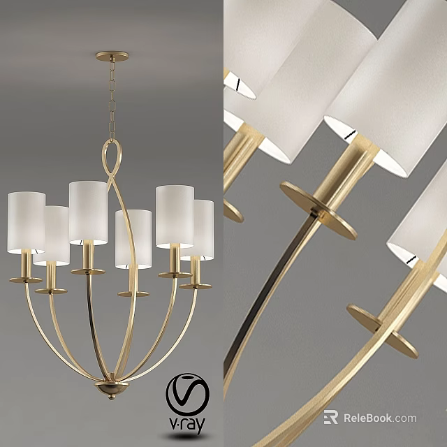 Modern Gold Metal Chandelier With Multiple White Lampshades And Elegant Hanging Design 3d model 