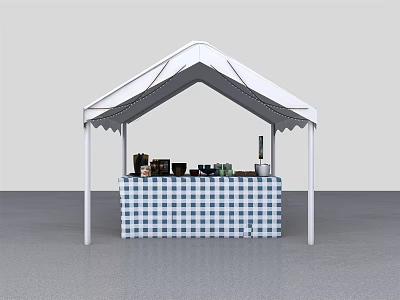 White Outdoor Tent Stall Featuring Blue Checkered Counter And Display Items 3d model