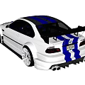 White BMW Sporty Modified Car With Black Stripes Large Wheels And Rear Spoiler