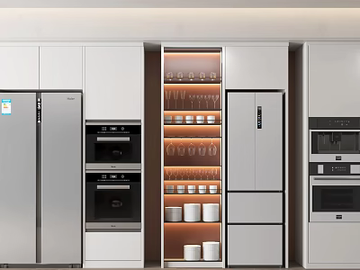 Modern Kitchen Space With Stainless Steel Refrigerator Freezer Cabinets And Glass Display Shelves 3d model
