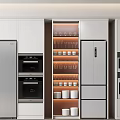 Modern Kitchen Space With Stainless Steel Refrigerator Freezer Cabinets And Glass Display Shelves