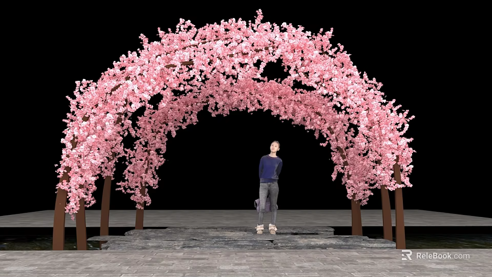 Floral Display With Pink Cherry Blossom Arch In Outdoor Stone Pathway Setting 3d model 