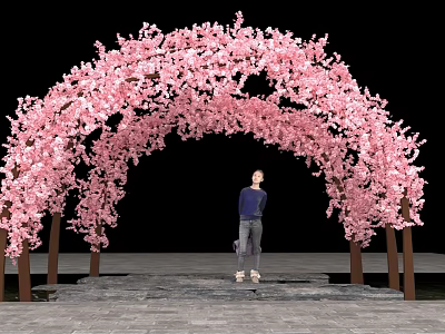 Floral Display With Pink Cherry Blossom Arch In Outdoor Stone Pathway Setting 3d model