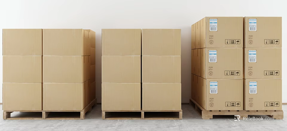 Multiple Stacked Cardboard Boxes On Wooden Pallets For Storage In Warehouse Space 3d model 