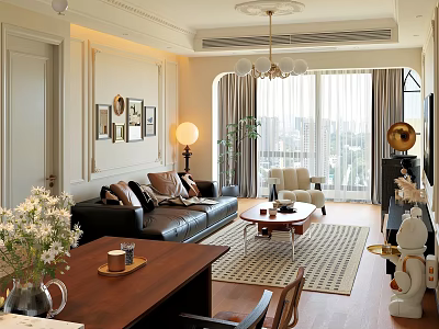 Living and Dining Room Interior with Black Leather Sofa Wooden Table City View and Chandelier 3d model