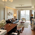 Living and Dining Room Interior with Black Leather Sofa Wooden Table City View and Chandelier