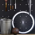 Sports Equipment Wall Display With Badminton Tennis Rackets Bicycle Skateboards And Tires