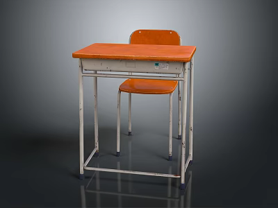 Classic Student Desk And Chair With Orange Top And Metal Frame 3d model