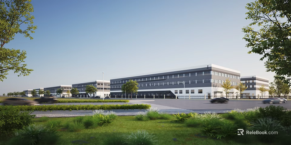 Modern Industrial Factory Buildings With Green Lawns Trees Parking Area And Roadway 3d model 