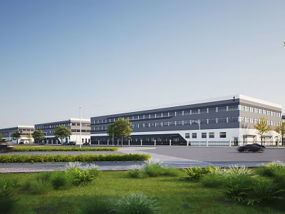 Modern Industrial Factory Buildings With Green Lawns Trees Parking Area And Roadway 3d model