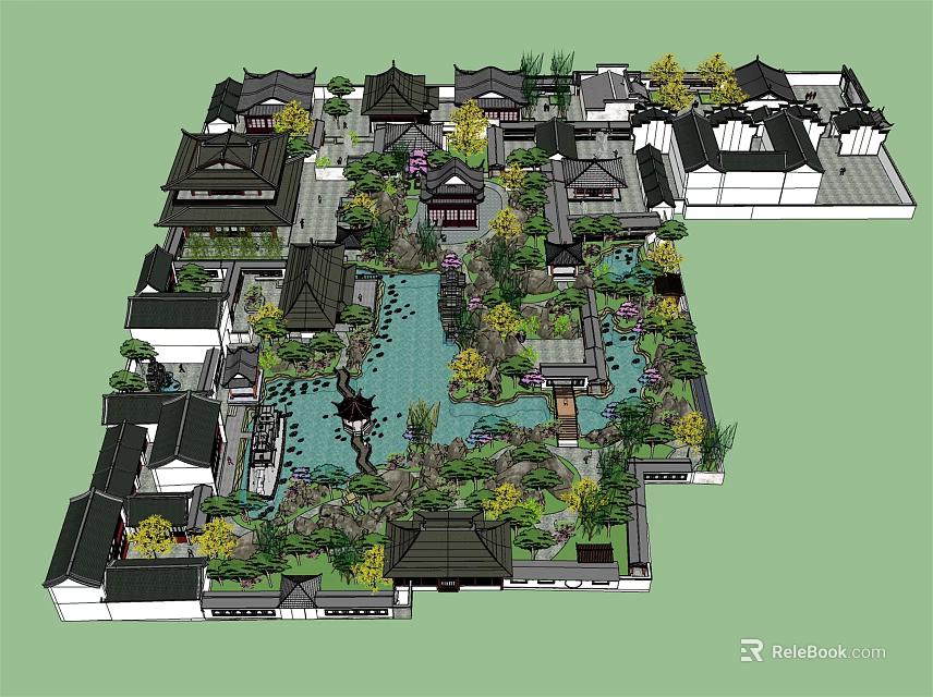 Traditional Courtyard Garden Design With Classic Architecture Pond Pavilions And Lush Greenery 3d model 