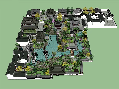 Traditional Courtyard Garden Design With Classic Architecture Pond Pavilions And Lush Greenery 3d model