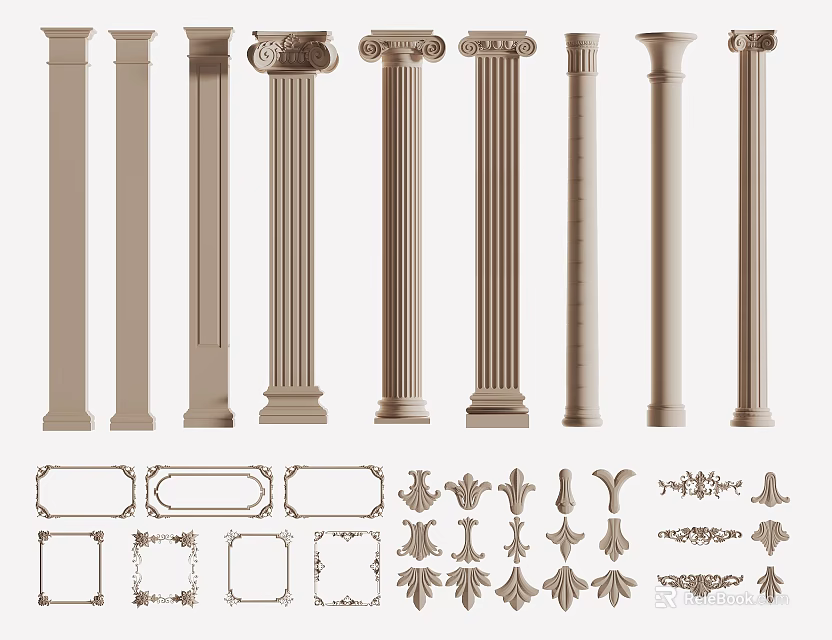 Roman Columns With Various Architectural Designs And Ornamental Decorative Elements 3d model