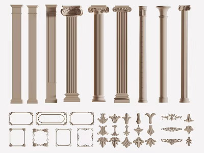 Roman Columns With Various Architectural Designs And Ornamental Decorative Elements 3d model
