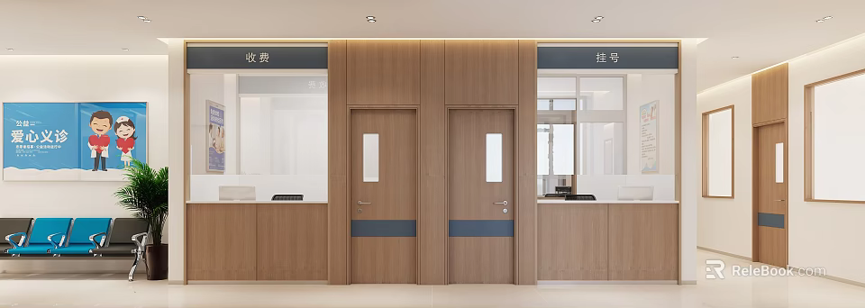 Elevator Hallway With Wooden Walls Double Elevator Doors And Payment Registration Counters 3d model